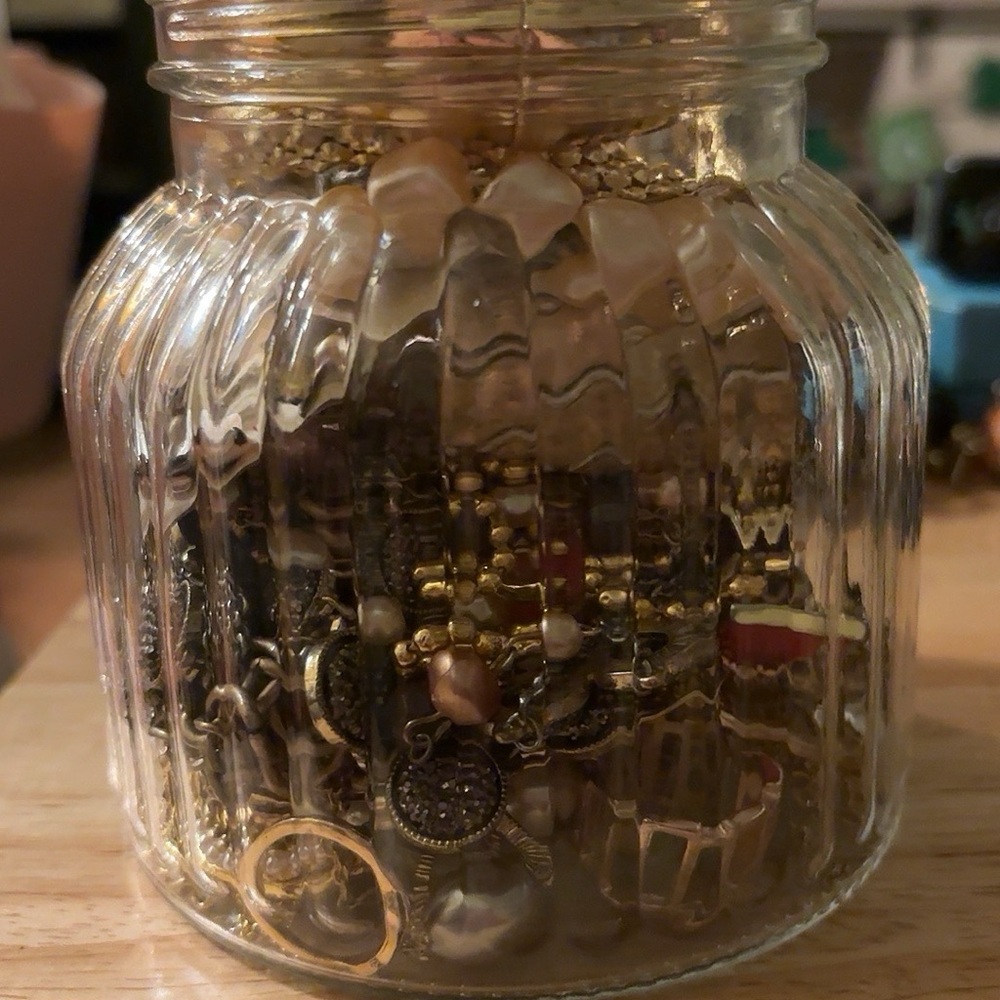 Mixed Costume Jewelry in Decorative Glass Jar - Gold Tones & Accents - Picture 2 of 8